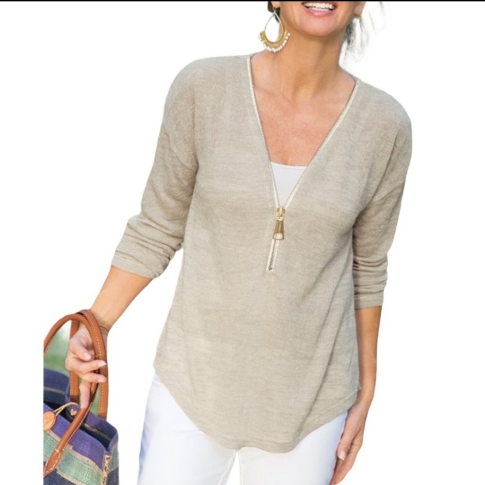 Soft Surroundings Valentina Tan Stone Zip Sweater